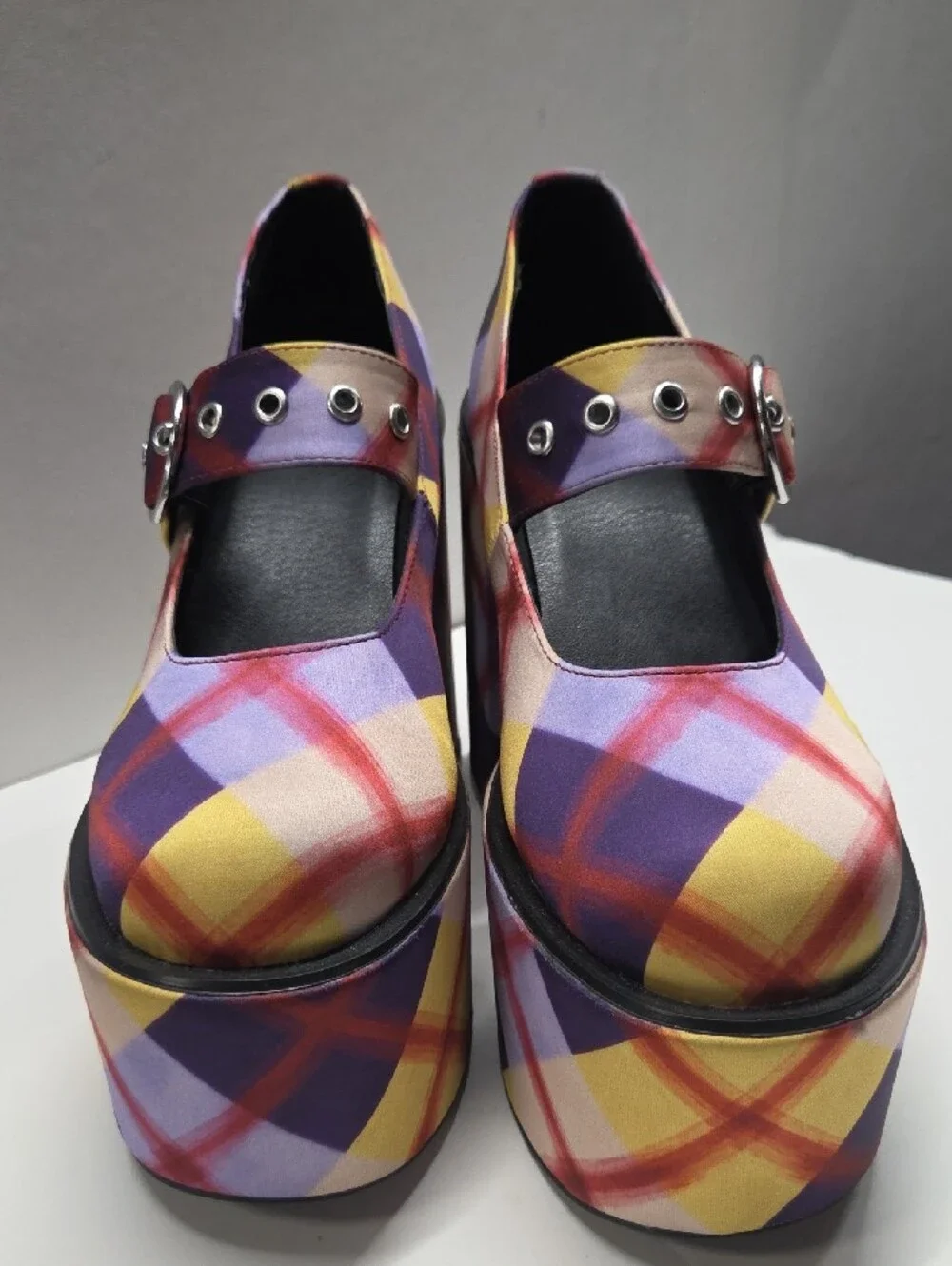 dELiA*s Purple and Yellow Plaid Platform Mary Jane Heels Size 10 RARE